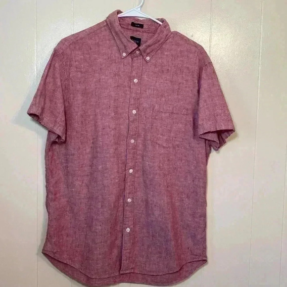 J. Crew Red Linen Blend Short Sleeve, Slim Fit Mens Shirt in Size Large. - Picture 1 of 8